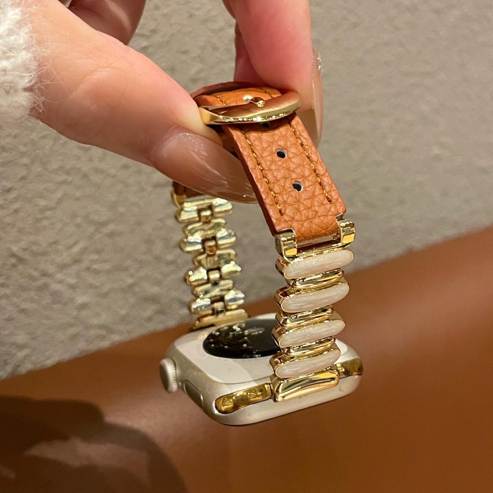 Women Luminous Moon White Beaded Lychee Grain Spliced Leather Slim Strap for Apple Watch Series12 11 10 SE1 2 3/Ultra4 3 2 38/42/44/45/49 mm