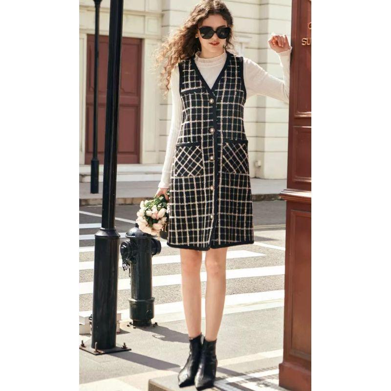 

Pointed Single British Style Female Long Gradient Pattern V-neck Wool Vest Fall and Winter Bandage Dress Base Jumper Dress Welfare Grab Black L