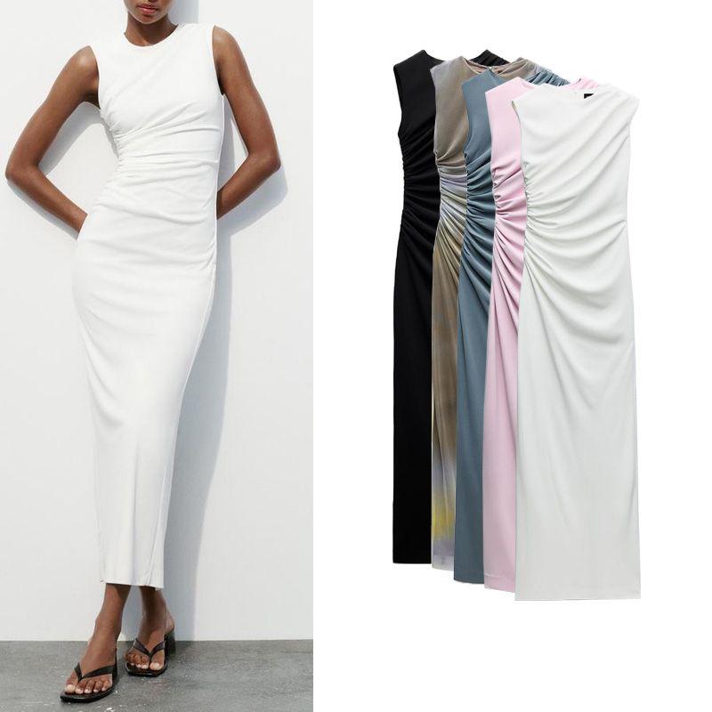 Spring New Arrival French Style Slim-Fit Evening Dress Round Neck Sleeveless Ruched Decoration Midi Skirt Dress 8312478