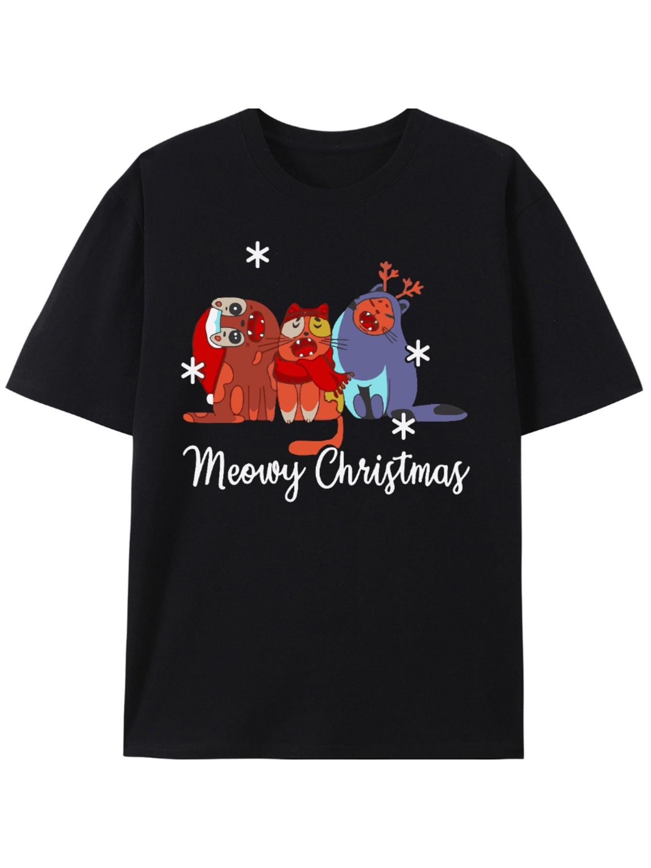 Mens Meowy Christmas Cat TShirt Black Short Sleeve Casual Tee with Cute Kitten Tabby Cat Design T Shirts Oversized T Shirt S