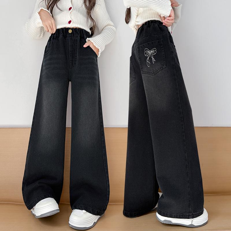 Spring Fall Kids Loose Straight Black Jeans with Bows Pocket for Teenage Girls Fashion Harajuku Y2k Denim Pants Child Trousers