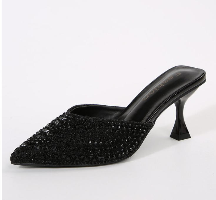 Summer New Pointed High Heels Women's Muller Shoes Transparent Water Diamond Sexy Fashion Thin Heel Women's Sandals