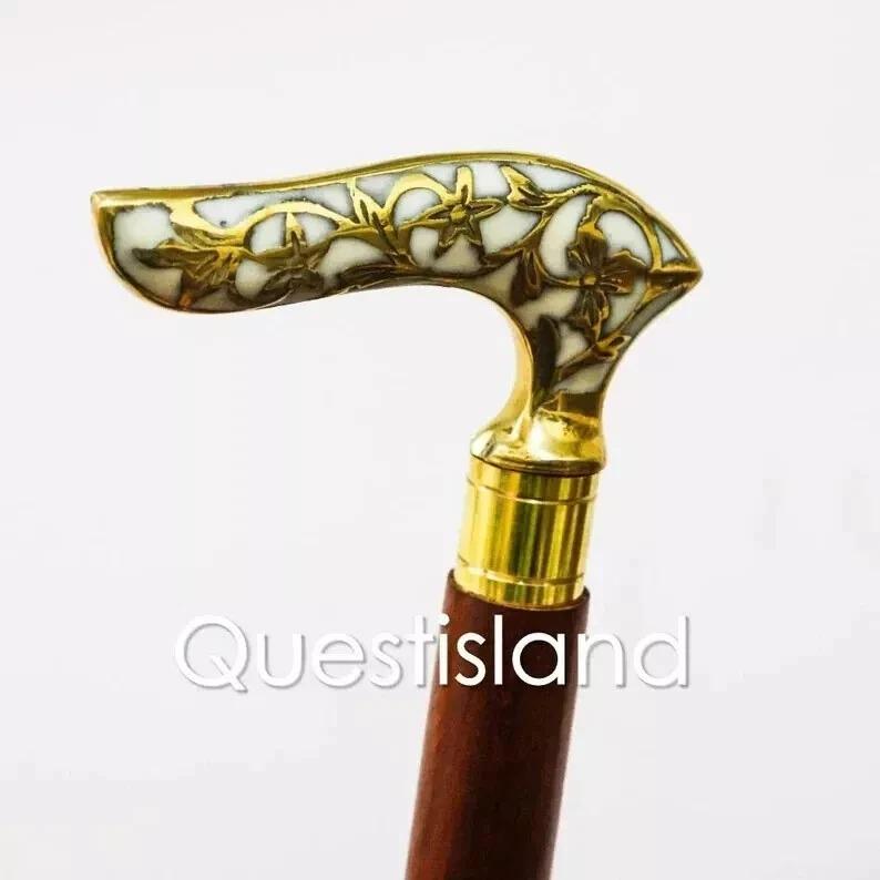 Brass Handle Wooden Victorian Style Foldable Cane Collectible Men'