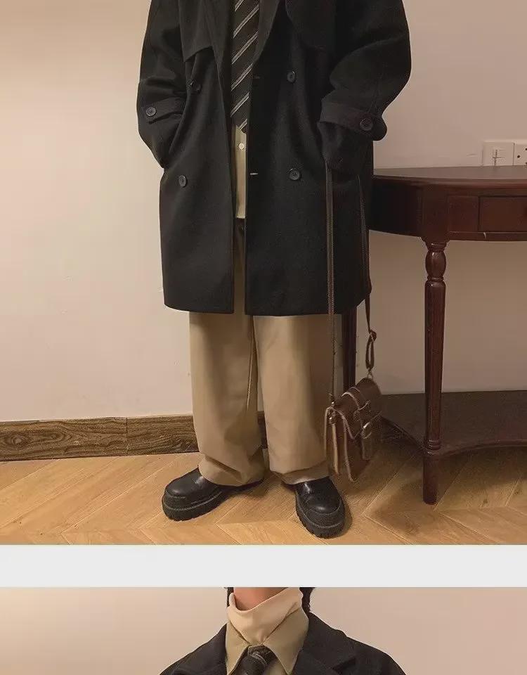 2024 Men's Double-Breasted Woolen Windbreaker: Mid-Length Loose Fit for Autumn/Winter