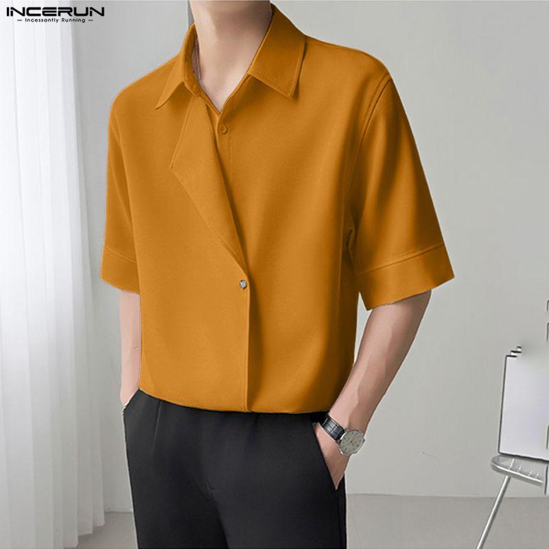 INCERUN Men Summer Lapel Neck Short Sleeve Buttons Casual Shirts Tops