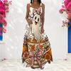 Women Plus Size Scoop Neck Strappy Sleeveless Halloween Ghost Pumpkin Printed White A Line Long Dress