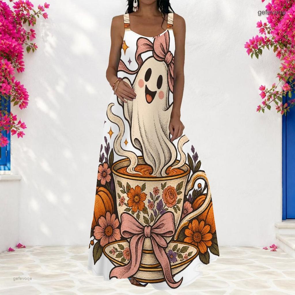 Women Plus Size Scoop Neck Strappy Sleeveless Halloween Ghost Pumpkin Printed White A Line Long Dress