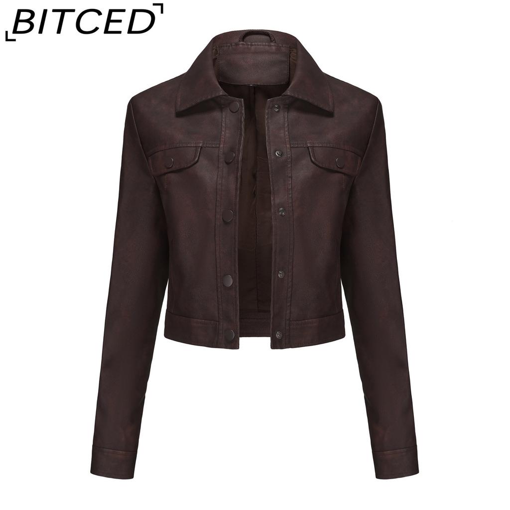 BITCED Spring/Autumn Lightweight Leather Jacket for Women Multi-Pocket Cardigan Style Casual Jacket Fashionable Trendy Everyday Outerwear
