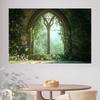 2D flach, 1 Stück verzauberter Wald-Fensterstoff-Hintergrund: gotisches Bogenfenster mit Efeu und Vegetation, realistischer Lichteffekt und Schatten,