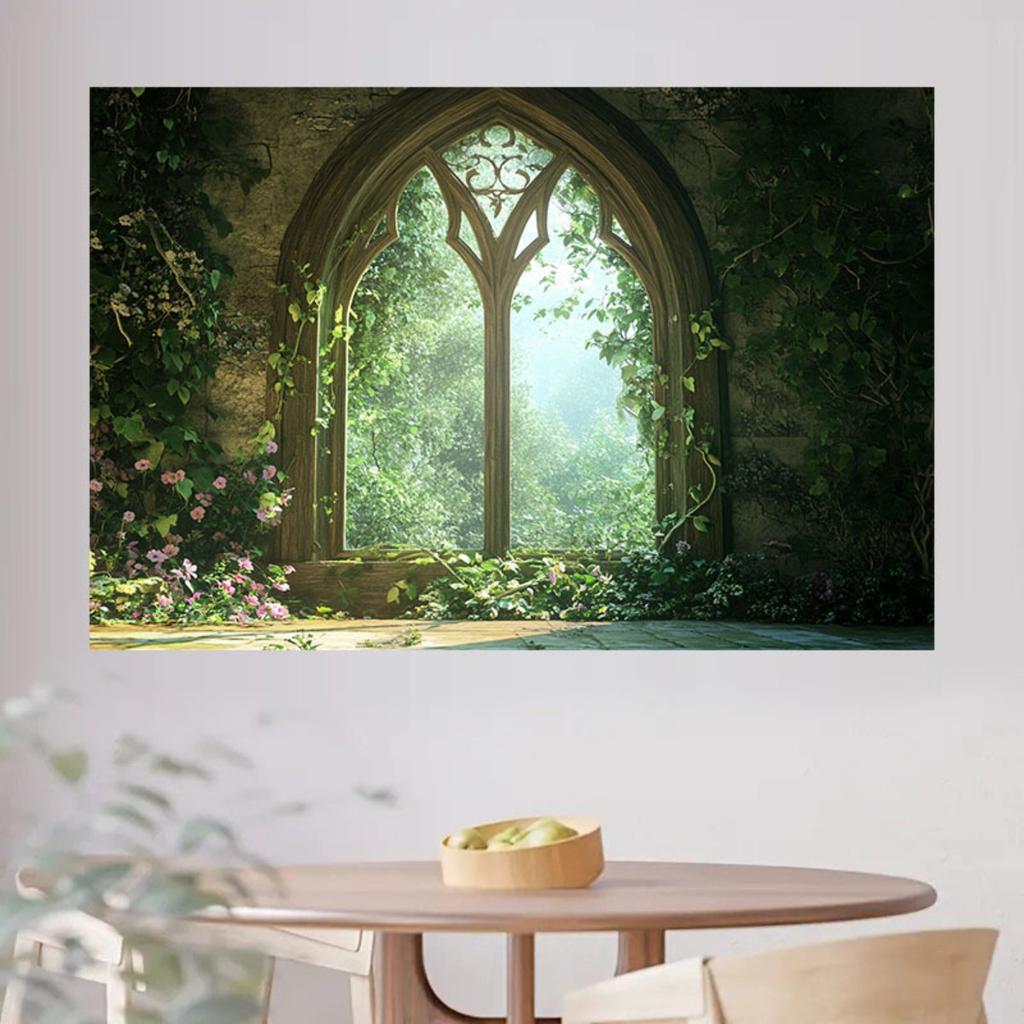 2D flach, 1 Stück verzauberter Wald-Fensterstoff-Hintergrund: gotisches Bogenfenster mit Efeu und Vegetation, realistischer Lichteffekt und Schatten,