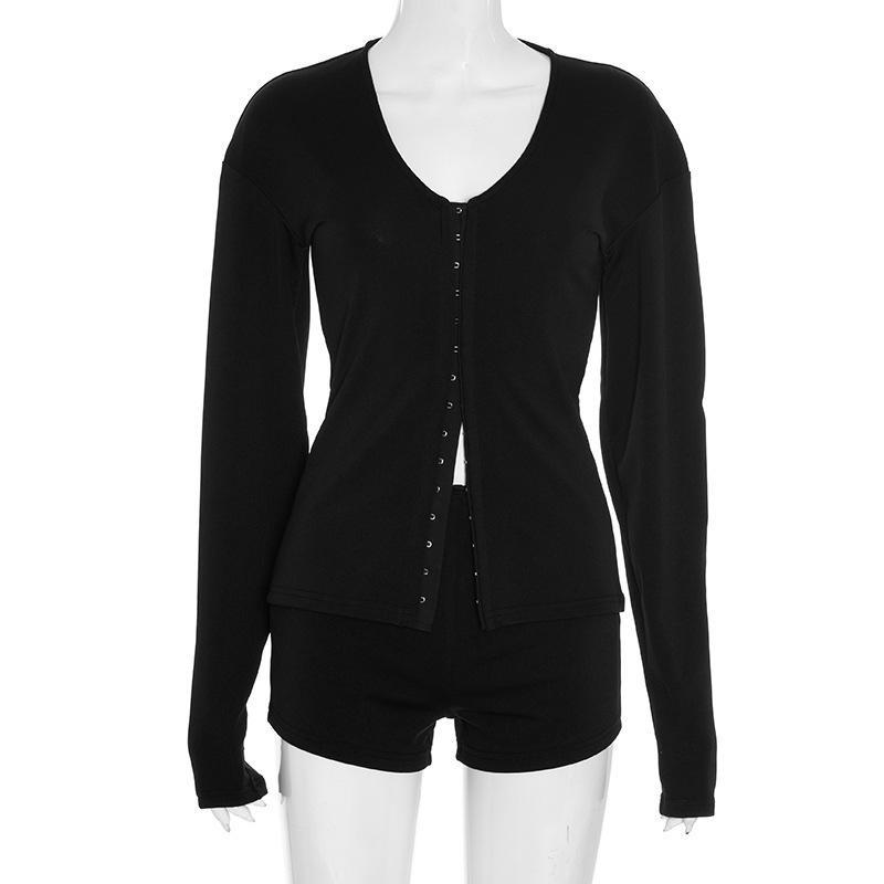 

Autumn New Arrival: European & American Women s V-Neck Cardigan and Long Sleeve Shorts Set Large чёрный