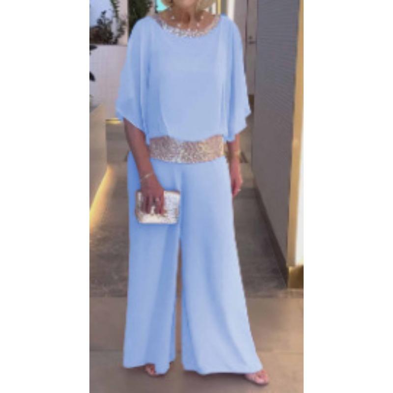 YYFS Damenmode Casual Frühling Herbst Einfarbig Druck 1/2 Ärmel O Hals Hosen Hosen Anzüge