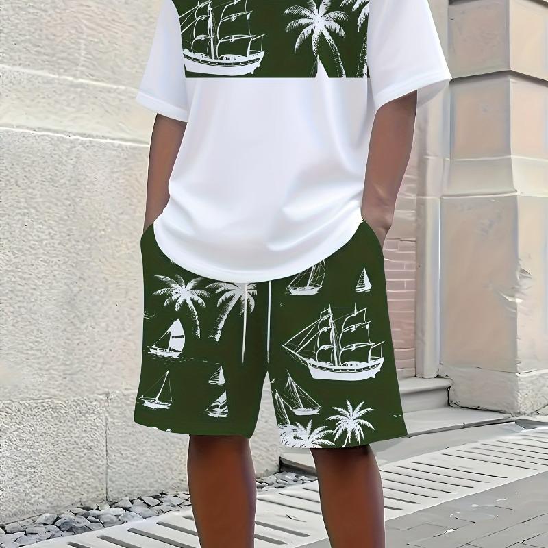 Men's Short Sleeved Shorts Set with Coconut Tree Print Round Neck T-shirt