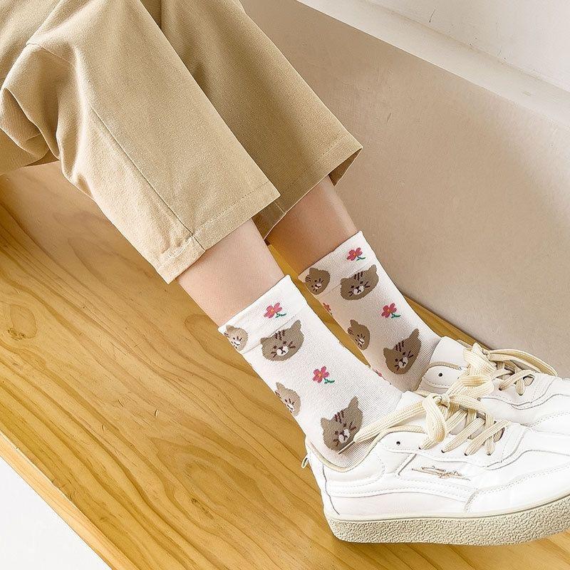 [Cute Mid Tube Cat Print] 1-4Pairs Cartoon Cat Print Socks, Comfort & Cute Mid Tube Socks, Women's Stockings & Hosiery
