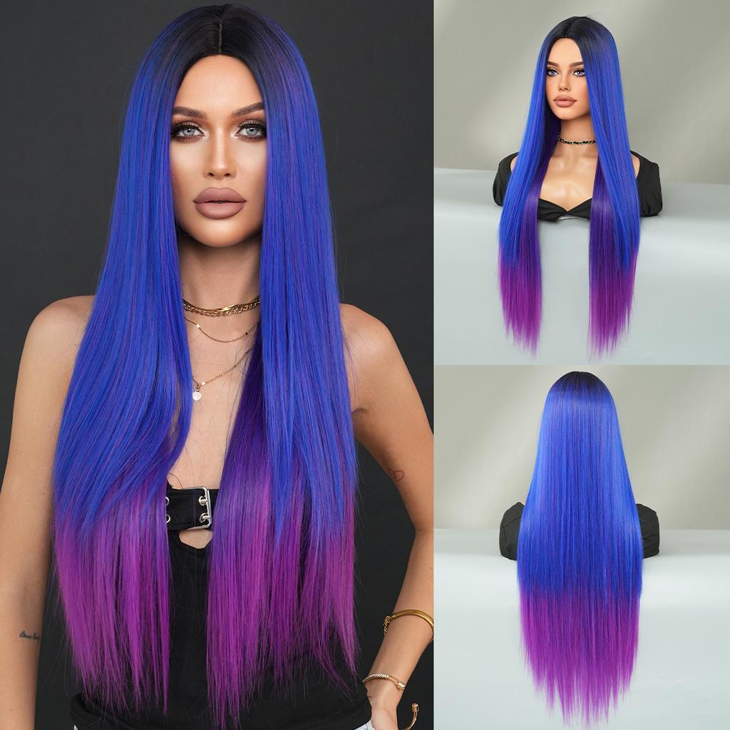 Women’s Extra Long Straight Blonde Wig Middle Part Nordic Ombre Color European and American Style Synthetic Full Wig