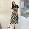 DIMANAF Women 2025 New Summer Plus Size Casual Plaid Short Sleeve Dress Basic Loose Long Dress Maxi