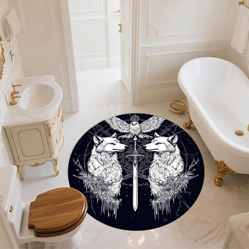 Black and White Wolf,Round Area Rug,Carpet Rug for Living Room Bedroom Sofa Playroom Decor,Non-slip Floor Mat