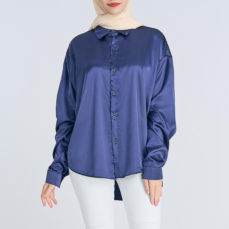

Атласный мусульманский топ, атласные рубашки с длинными рукавами, женская однотонная свободная базовая рубашка, женская блузка