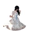 Temperament romantic printed lace-up waist square collar long dress summer waist thin