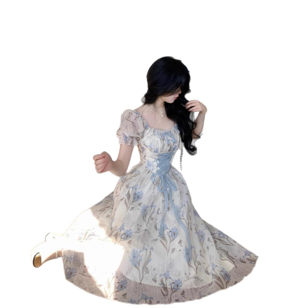 Temperament romantic printed lace-up waist square collar long dress summer waist thin