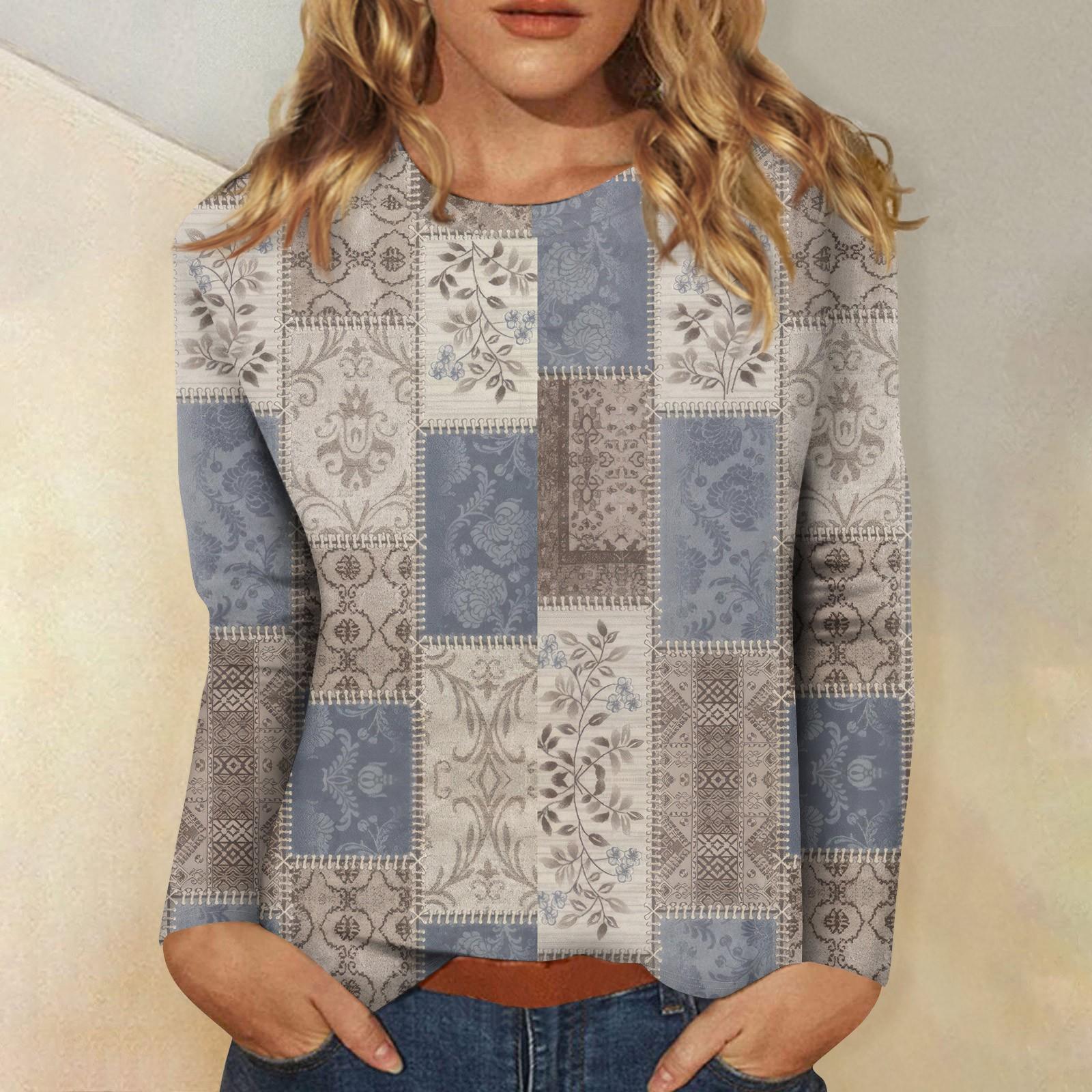 

Женский повседневный модный сексуальный удобный крутой дышащий топ с градиентным цветным принтом, круглым вырезом и длинными рукавами XXL