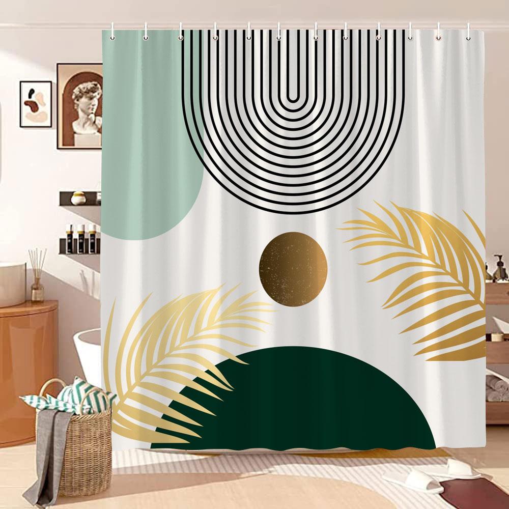 

Vintage Mid Century Pattern Shower Curtain Abstract Lines Sun Leaves Bohemian Polyester Shower Curtain Bathroom Decor With Hooks W60H190(CM)-1 Pcs