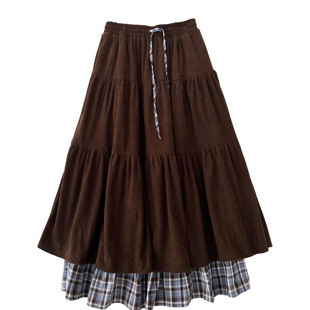 Coffee Corduroy Layered Long Skirt for Plus Size Women - Japanese Style Plaid