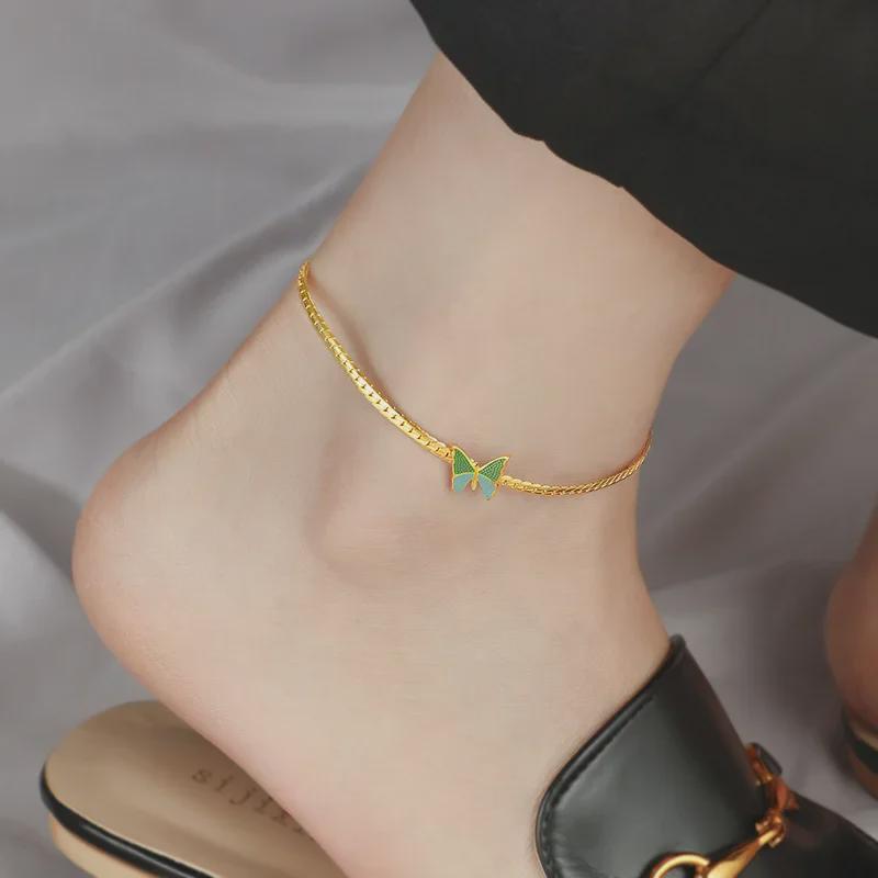High-Quality Retro Green Butterfly Titanium Steel Anklet with 18K Gold Plating - Fashionable and Elegant Design for Women