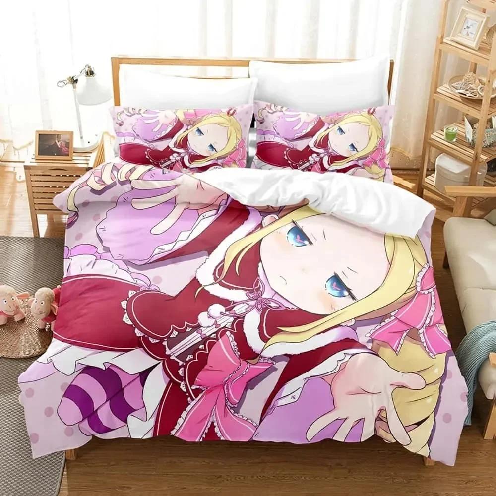 Anime ReZERO -Starting Life in Another World Bedding Set Printed Bed Set With Pillowcase Duvet Cover Soft Queen Super King Size