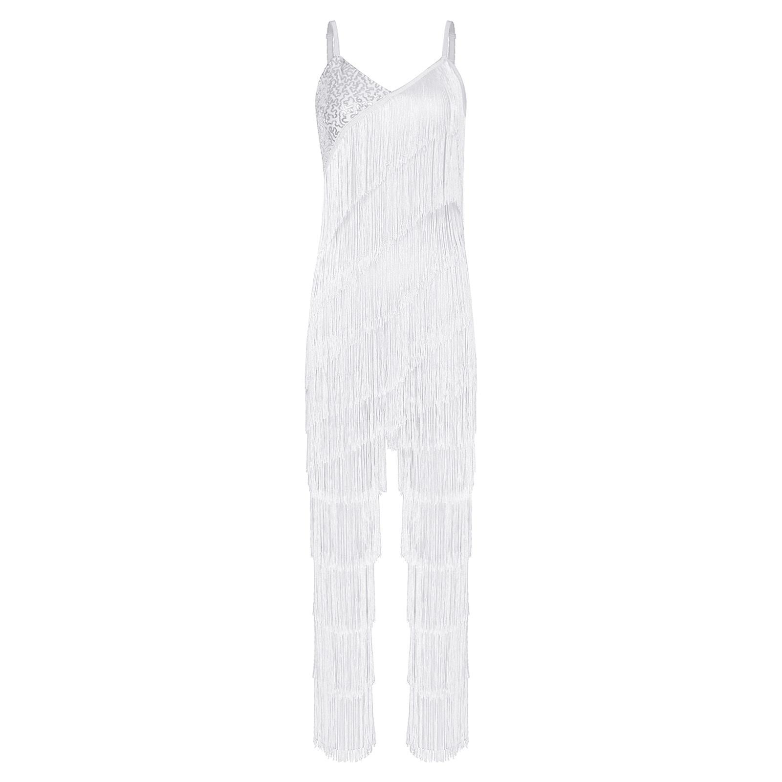 

Womens Latin Tango Dance Fringe Jumpsuit Shiny Sequin Tiered Tassel Cami Romper Long Pants Unitard S білий