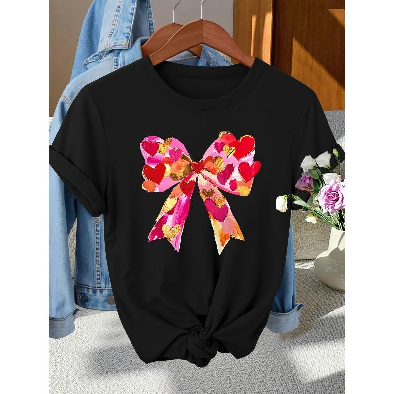 European Size [Elegant | Vintage] Elegant Vintage Women's Heart Butterfly Bow T-Shirt | Fashionable Art Print Crew Neck, Spring Summer Fall