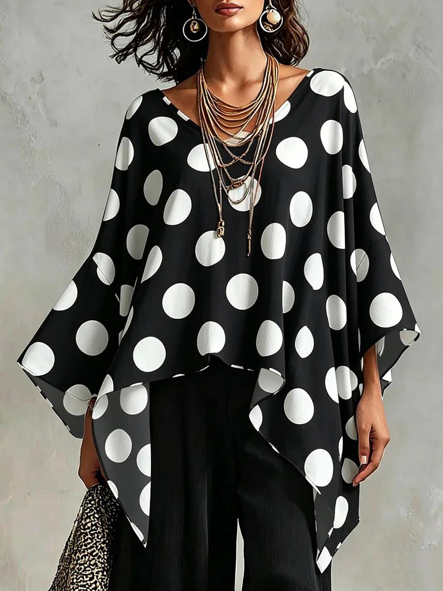 Women Polka Dot Print V Neck Patchwork Loose Casual Blouse Top S чёрный