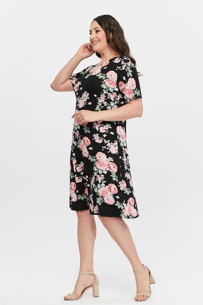 Women's Big Size Dress Floral Patterned Viscose Basic Short Sleeve Dress