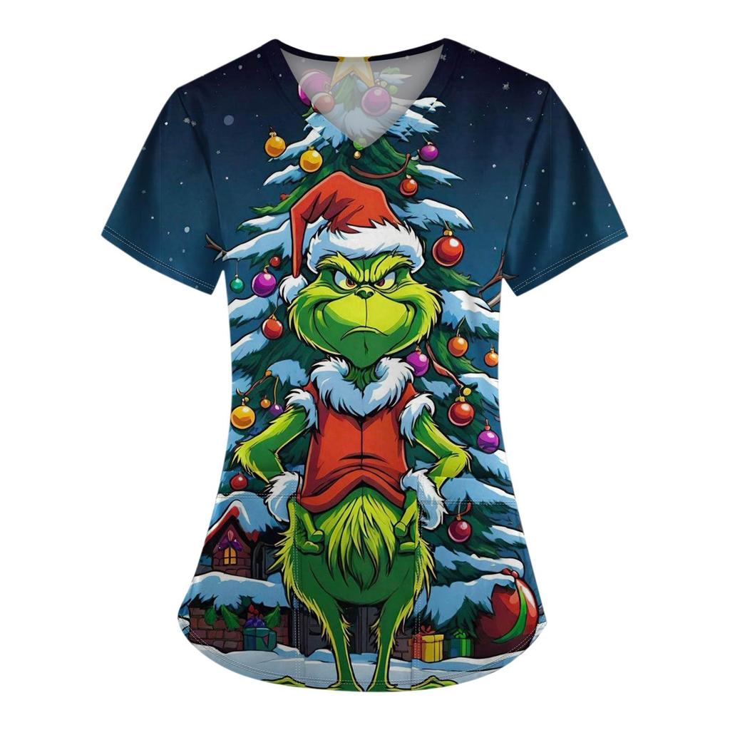 Women's Fashion Printed Short Sleeve V Neck Pattern Tops Pocket Working T-shirts