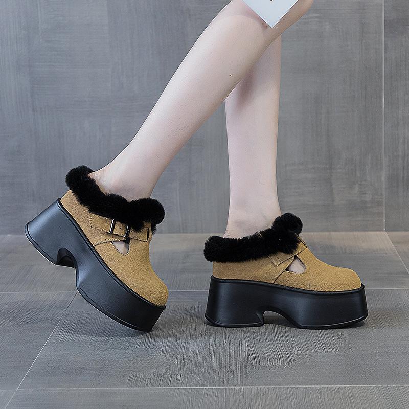 Thick-soled bag head half-support shoes autumn and winter new 2025 women's heightening fashion buckle versatile rabbit velvet cotton slippers trend