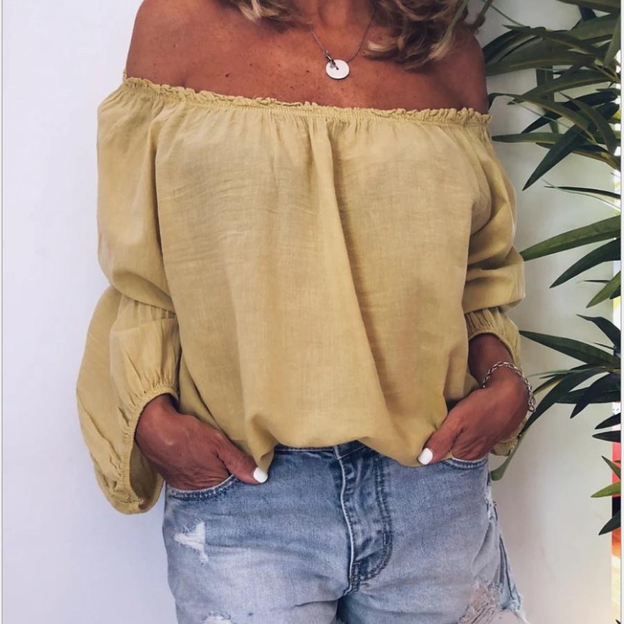 Autumn Wish One-Sleeve Elastic Waist Pleated Wrinkle Cotton Linen Solid Color Long Sleeve Women's Shirt