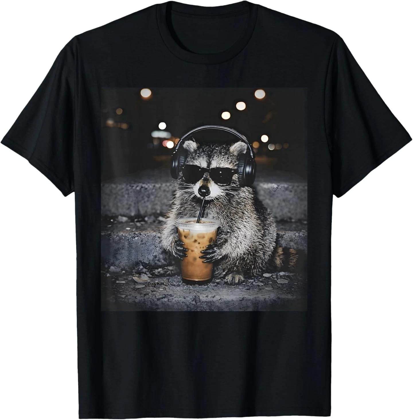 Raccoon Drinking Iced Coffee Funny Animal Meme Men Women T-Shirt S