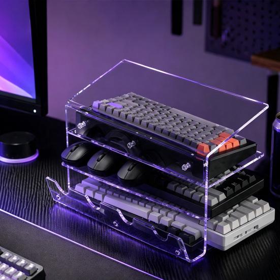 Computer Peripherals Organizer 3-Tier Keyboard Display Stand, Ergonomic Tilt Acrylic Storage Organizer, Shelf Space Saving Holder for Mechanical