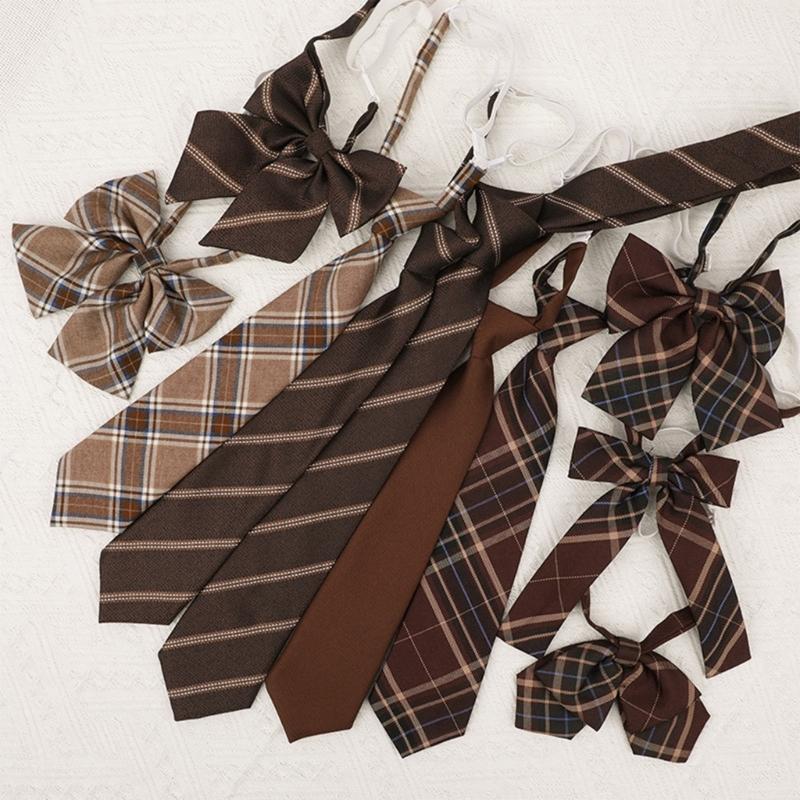 Brown Checkered Striped Neck Tie Pre-Tied Bowtie for Japanese JK School Uniform