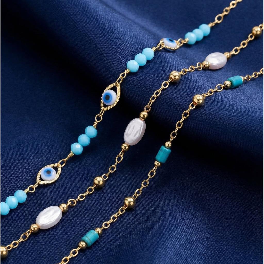 Turkish Eye Bracelet for Women Stainless Steel Turquoise Beads Chain Pearl Lucky Charm Protection Amulet Summer Gift