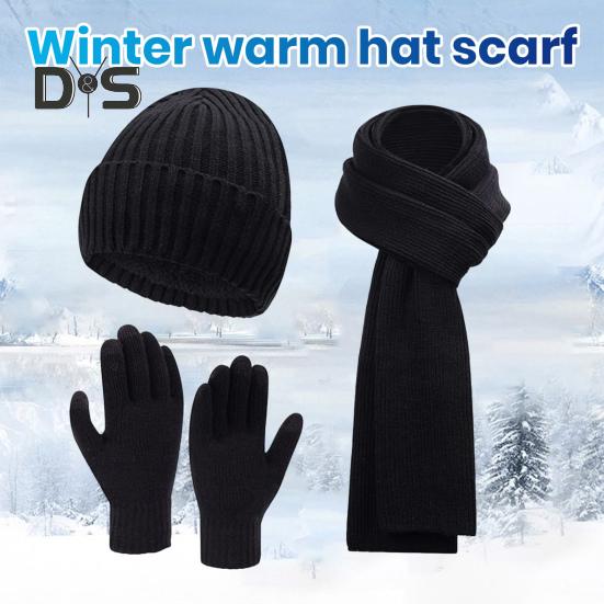 3 Pcs/Set Unisex Winter Beanie Scarf Gloves Set Thick Knitted Warm Cap Touchscreen Gloves Elastic Ear Protection Windproof Winter Outdoor Cycling