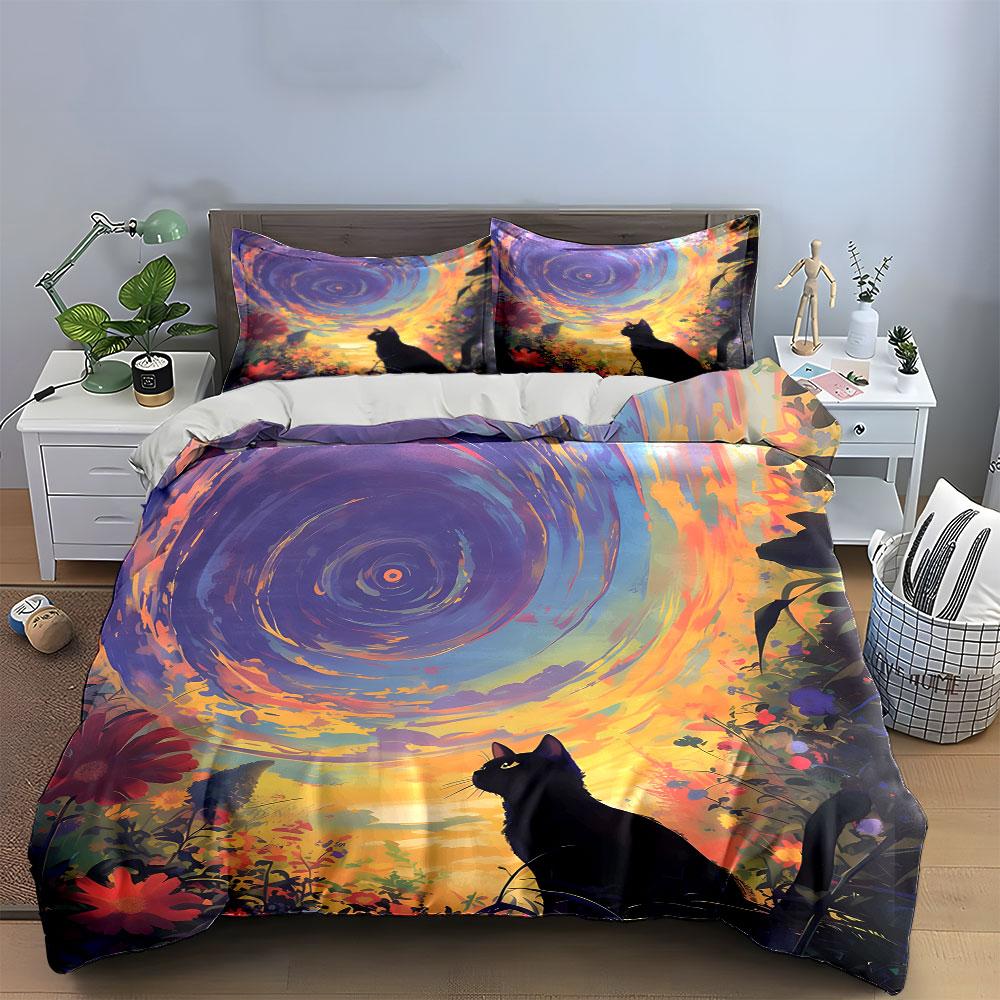 "Enchanting Cat-Inspired Nature Scene" Exquisite Three-Piece Bedding Set Gift For Kids And Adults