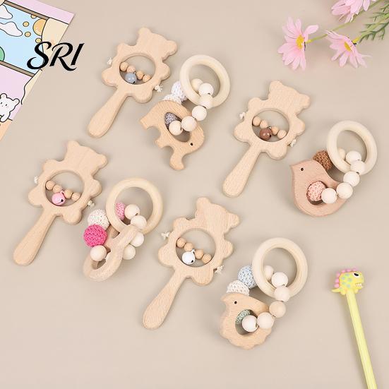 Beech Wood Baby Toy 1 Pair Wooden Rattle with Bell Beads Hedgehog Rabbit Elephant Bird Bead Teething Grip Ring Newborn Boys Girls Early Education