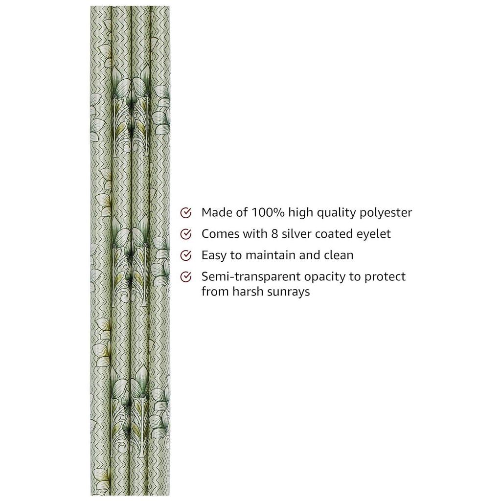 Pack of 2 Polyester Floral Damask Print Window Curtain Regular Print 135 GSM , Green