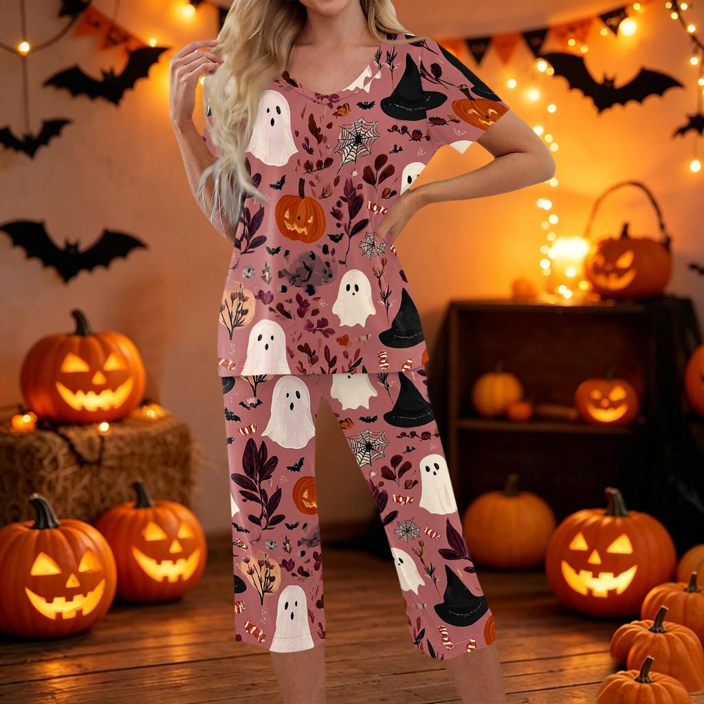 Women Two Piece Halloween Print Set Short Sleeve Top and Cropped Pants Casual Sportswear Outfit for Daily Wear Lounge Home