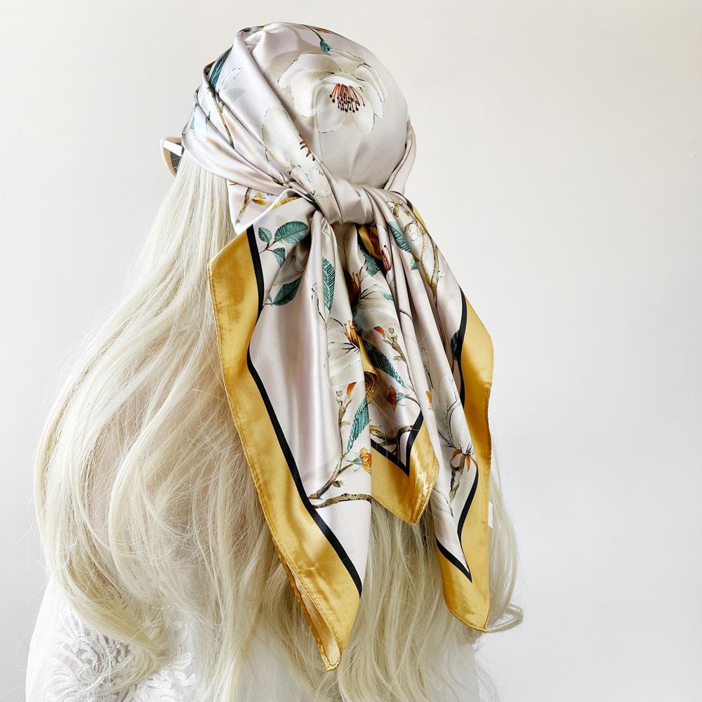 Silk Scarf Large Square Scarf Women's New 90cm Printed Vintage Wrap Scarf Satin Shawl Scarf