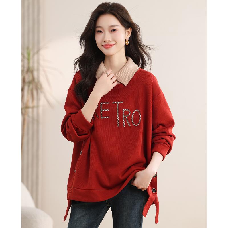 

DIMANAF 2024 Осень Зима Новые Большие Размеры Женские Пуловеры Повседневные Топы Футболки Однотонные Модные Поддельные Двухсекционные Свободные Рубашки M красный