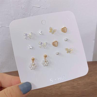 6Pairs/Set Simple Pearl Moon Bow Butterfly Stud Earring Set Heart Star Earrings For Women Accessories Jewelry