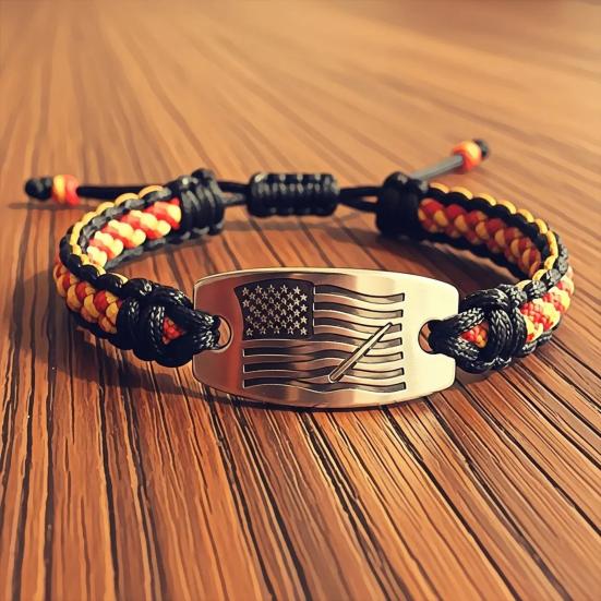 Patriotic American Flag Bracelet Engraved Metal Centerpiece Adjustable Knot Design Wristband Patriotic Accessory