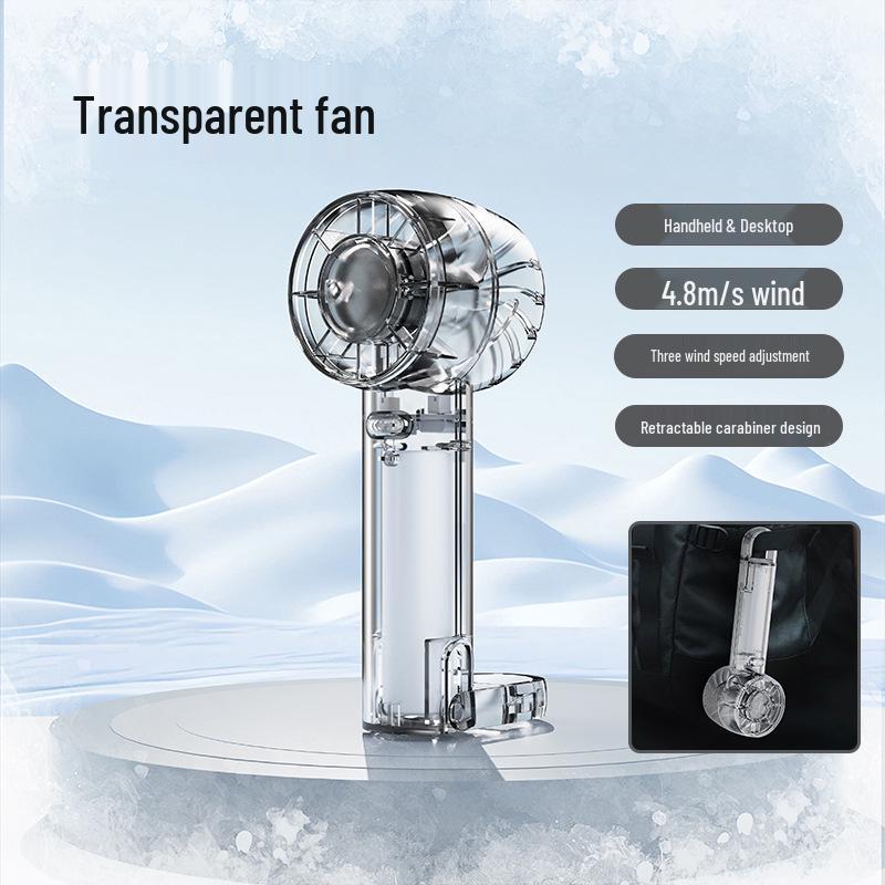 

Portable Handheld & Desktop Fan with Transparent Ice Pack for Small Offices & Refrigeration Carabiner Design